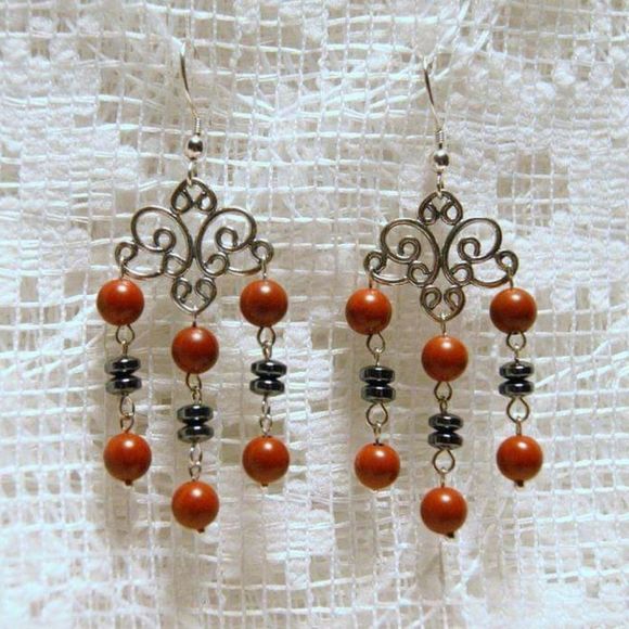 Angel Heart Treasures Jewelry - Handmade Red Jasper & Hematite Sterling Silver Chandelier Dangle Earrings